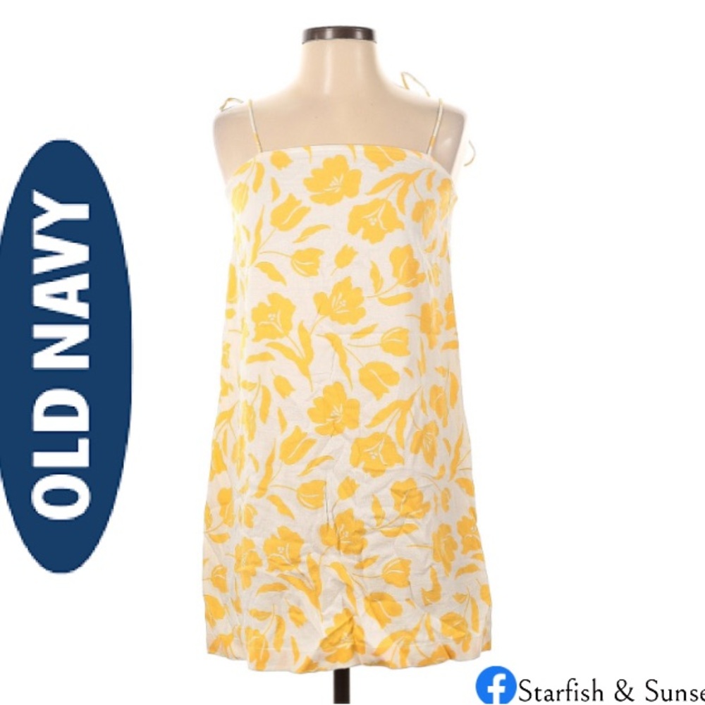 Old Navy Women’s Square Neck Tie Strap Tropical Flower Yellow Mini Sundress- L